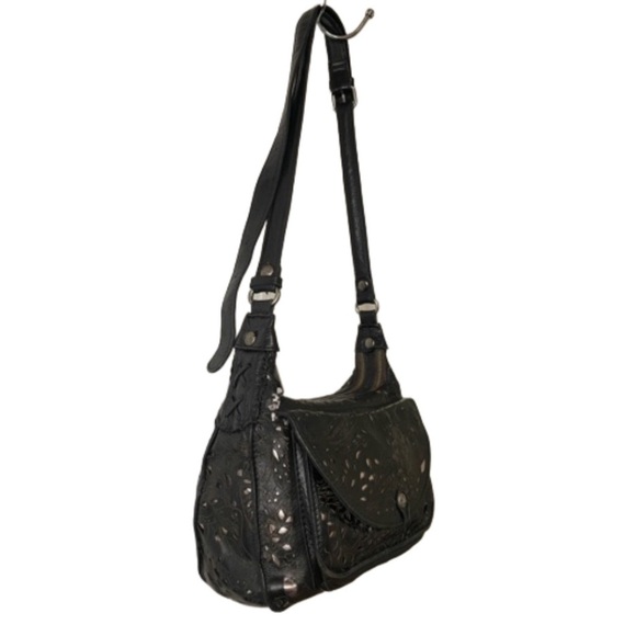 Patricia Nash embossed black leather bag cut outs reveal silver underneath. B5 - Picture 3 of 13